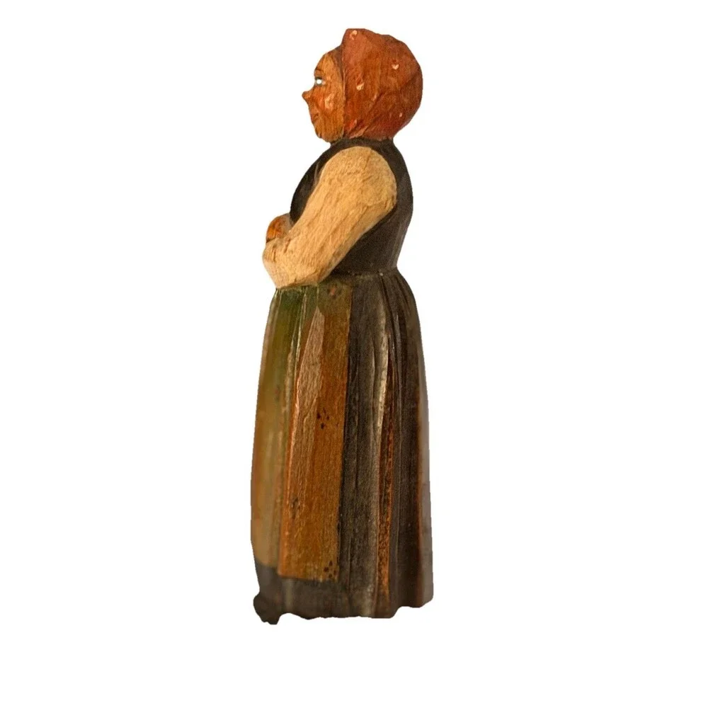 Vtg Hand Carved Wood Figurine Alpine Peasant Woman Folk Art ANRI Huggler Style